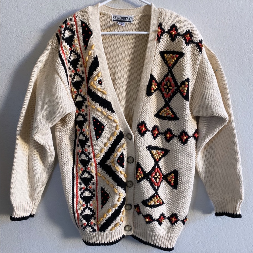 Vintage Tribal Beaded Button Down Cardigan Grandpa Sweater